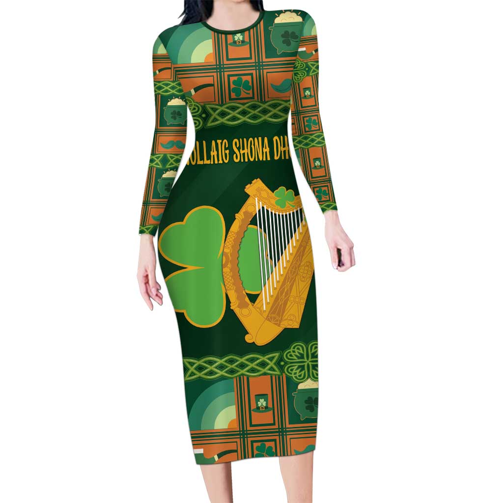 Personalized Ireland Christmas Long Sleeve Bodycon Dress Irish Harp With Lucky Shamrock - Wonder Print Shop