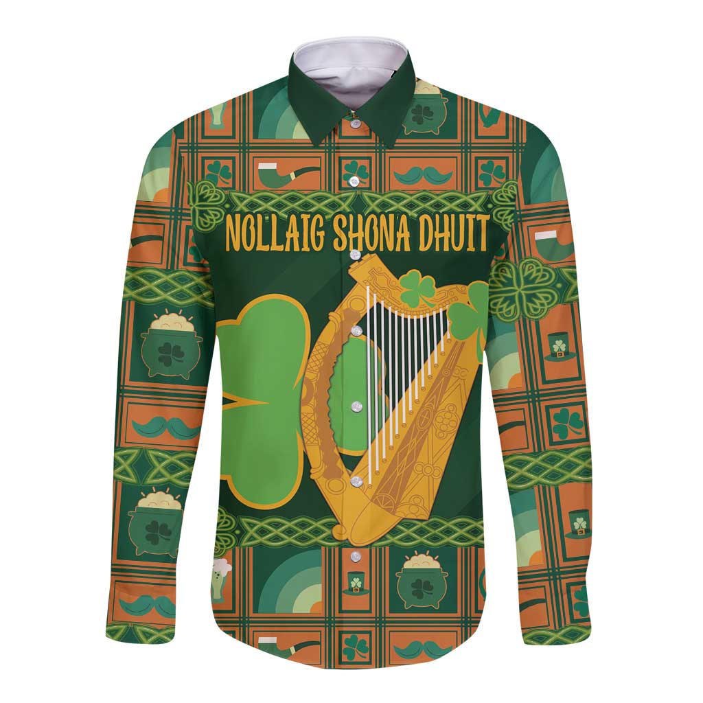 Green unisex long sleeve button shirt with Irish harp and shamrock front graphic
