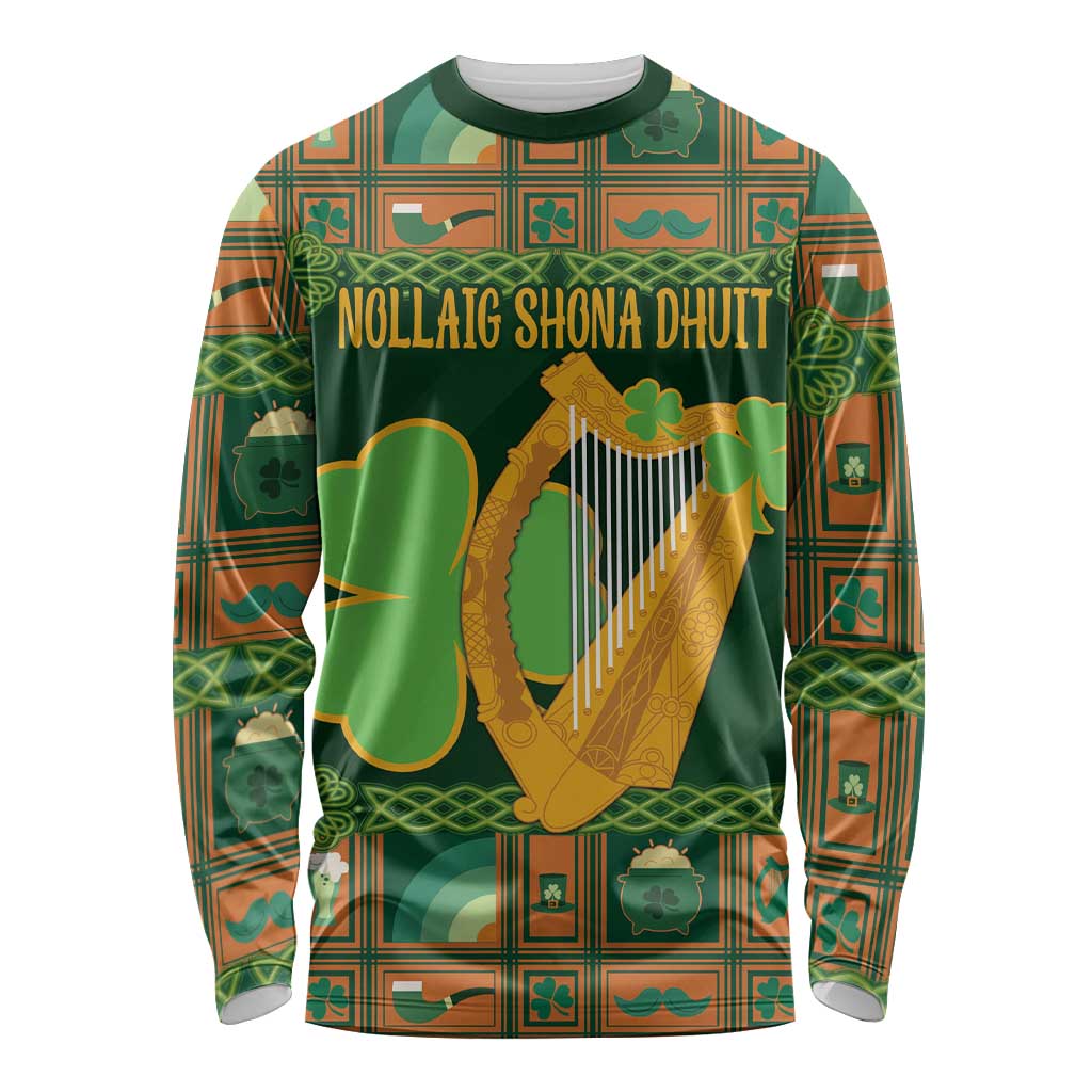 Green long-sleeve shirt with gold harp and shamrock-themed grid graphic