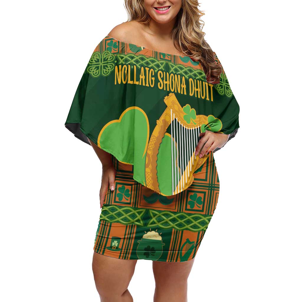 Personalized Ireland Christmas Off Shoulder Short Dress Irish Harp With Lucky Shamrock - Wonder Print Shop