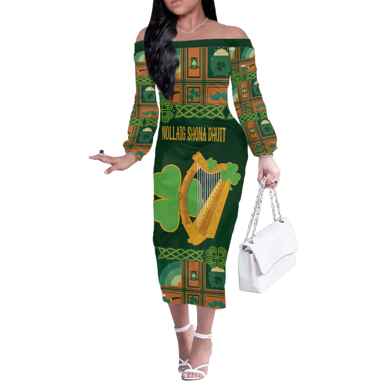 Personalized Ireland Christmas Off The Shoulder Long Sleeve Dress Irish Harp With Lucky Shamrock - Wonder Print Shop