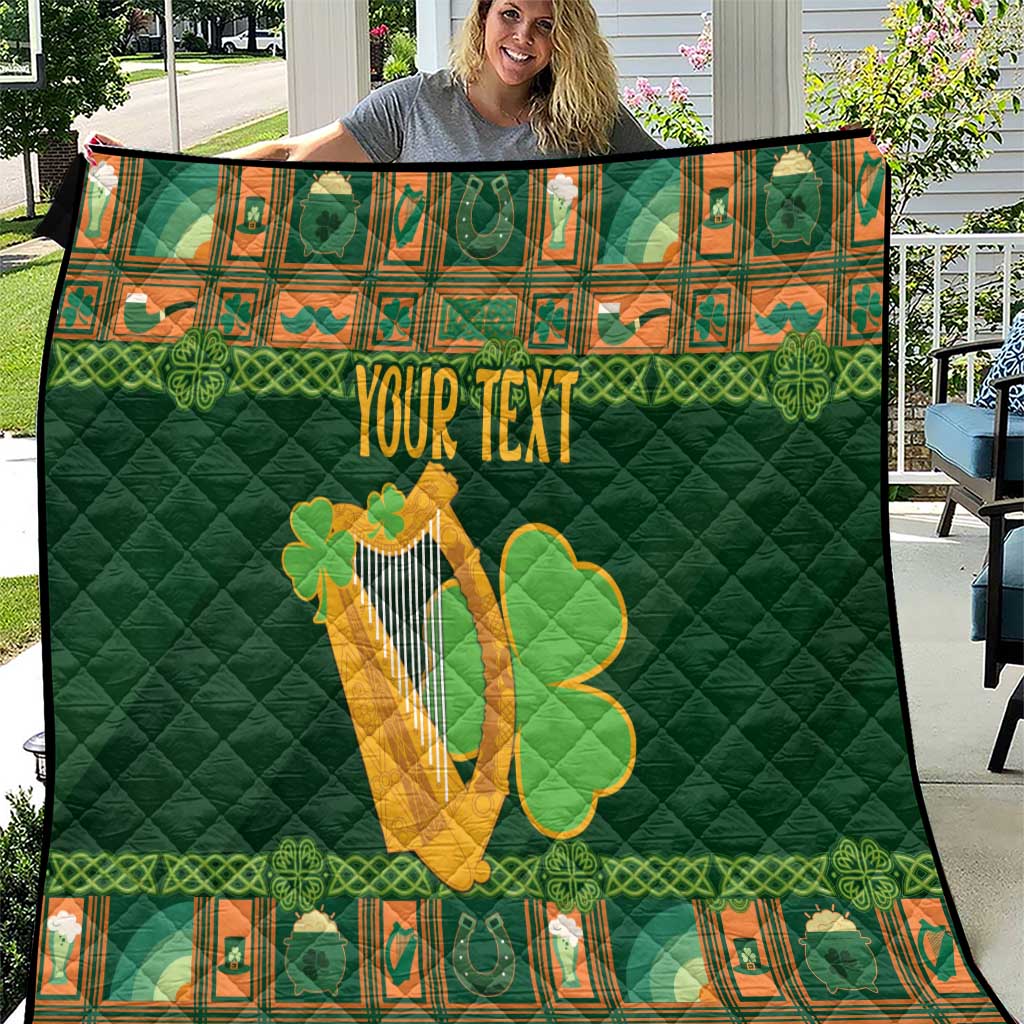 Green personalized quilt with Irish harp and lucky shamrock, 'Your Text' print