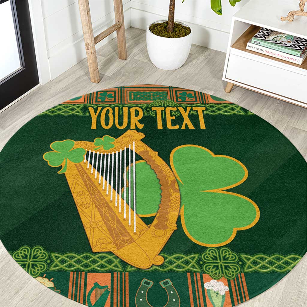 Green round Irish harp rug with shamrock motifs and centered YOUR TEXT
