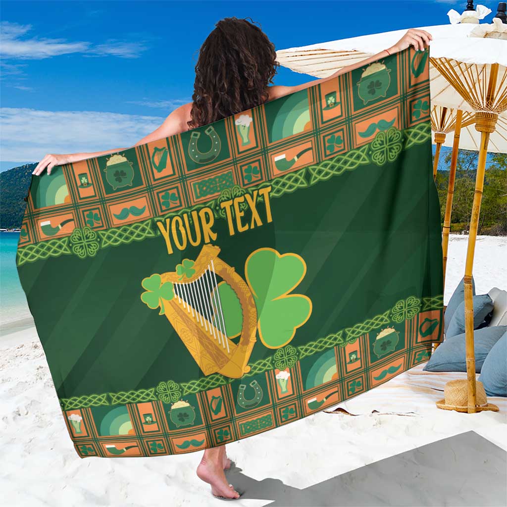 Green personalized sarong with Irish harp, lucky shamrock, and Celtic border design