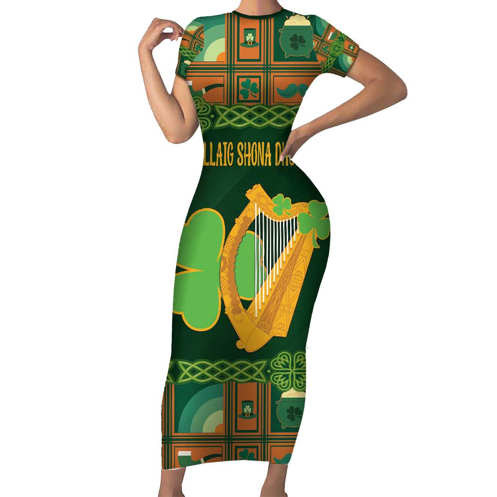 Personalized Ireland Christmas Short Sleeve Bodycon Dress Irish Harp With Lucky Shamrock