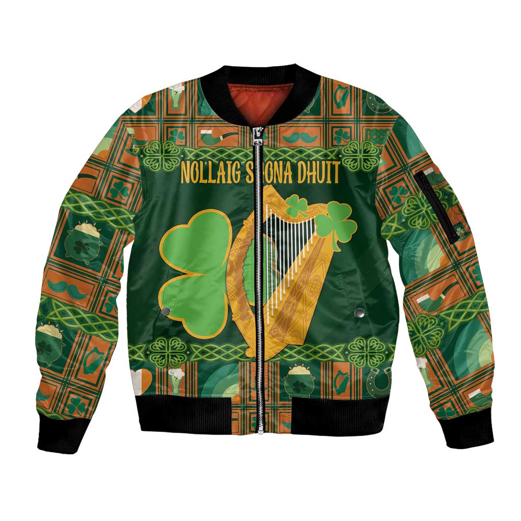 Personalized Ireland Christmas Sleeve Zip Bomber Jacket Irish Harp With Lucky Shamrock