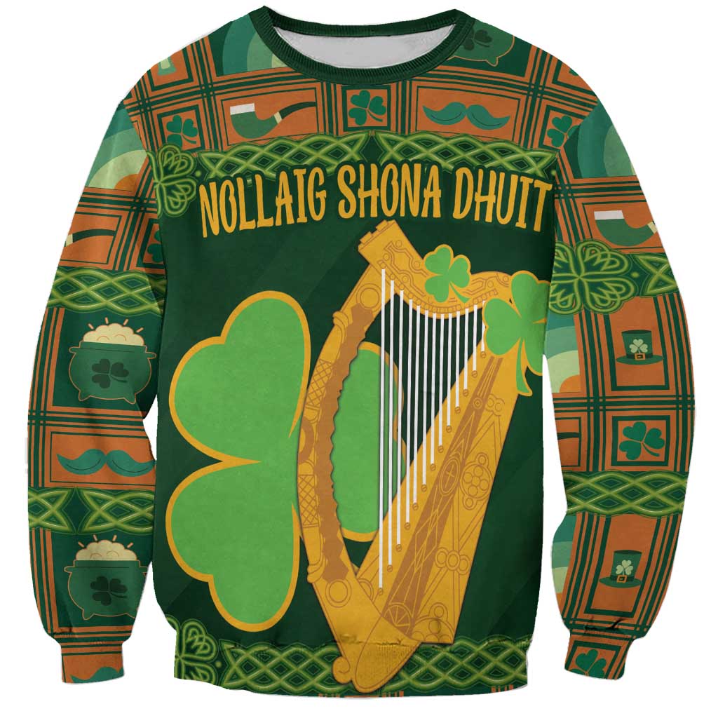 Green personalized Irish Christmas sweatshirt with Irish harp and shamrock graphic