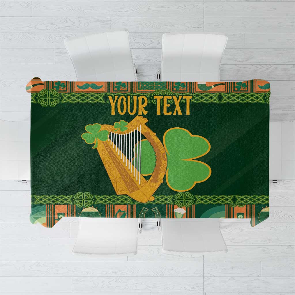 Green Irish tablecloth with harp and shamrock, personalized text panel