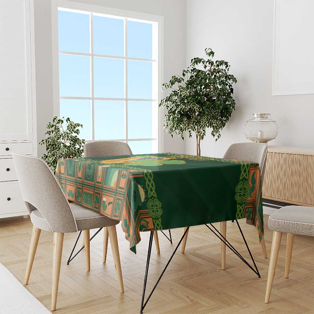 Green tablecloth with Irish harp and shamrock motifs on dining table