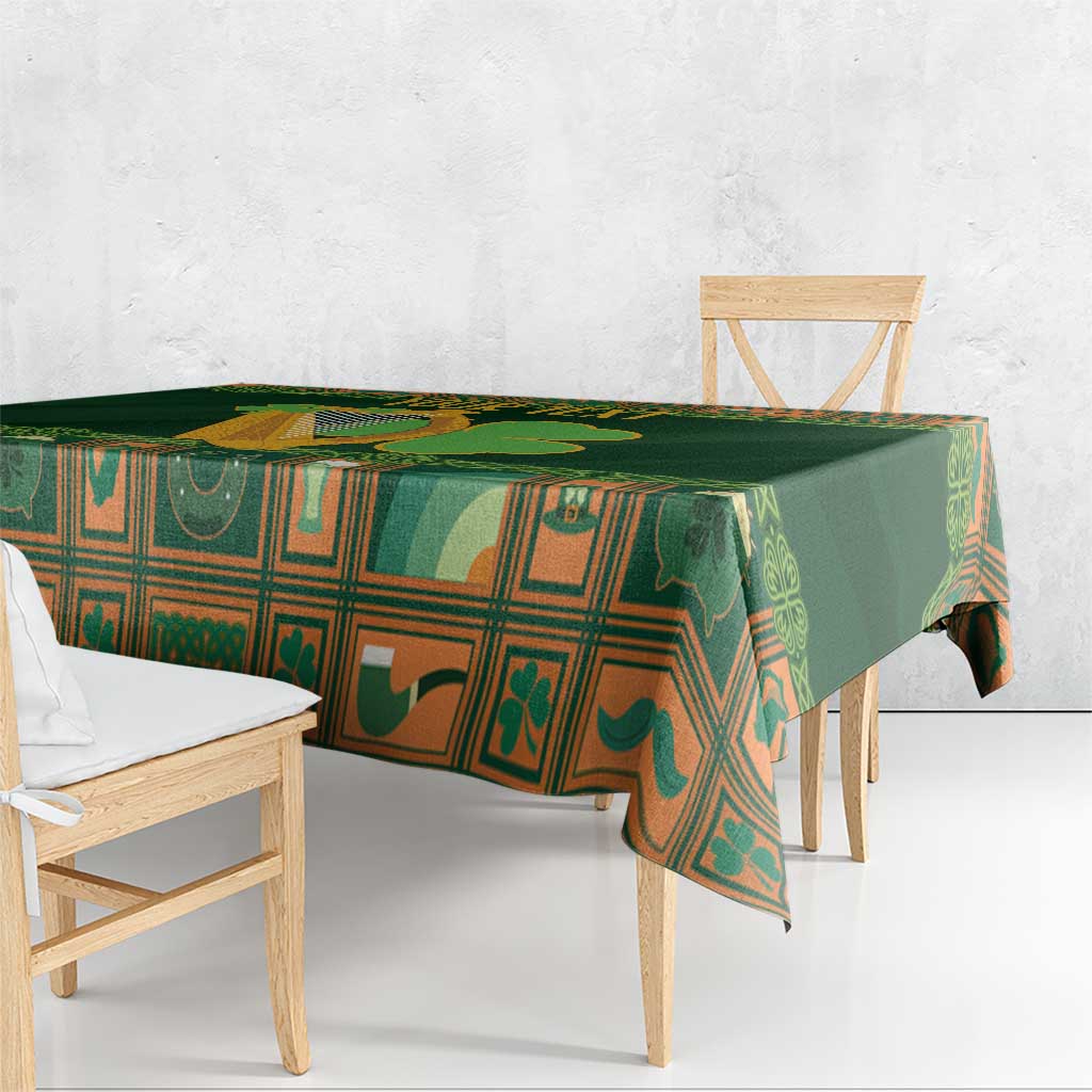 Green Irish tablecloth with harp and shamrock border, draped over bench edge