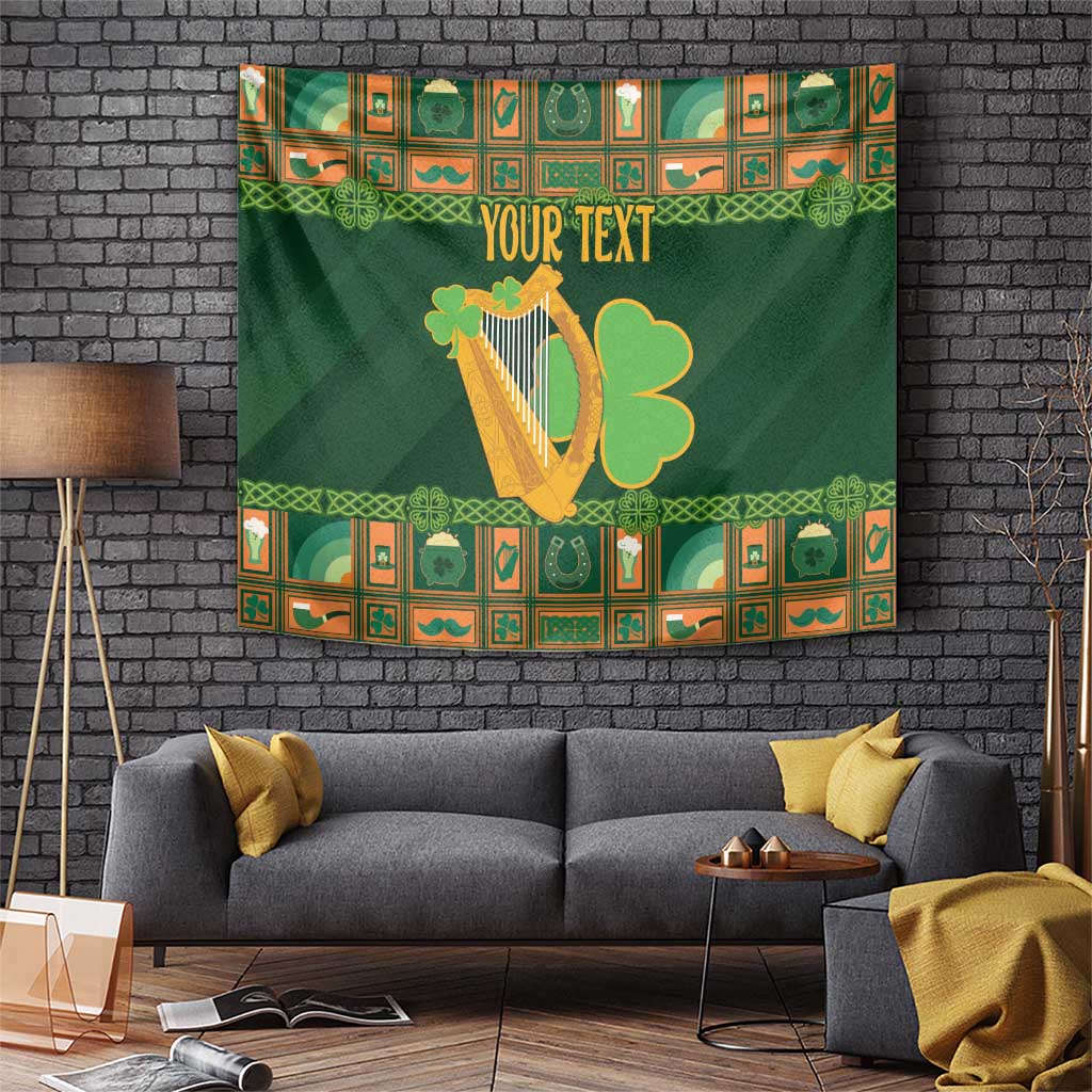 Green Irish holiday tapestry with gold harp and lucky shamrock, plus customizable text space