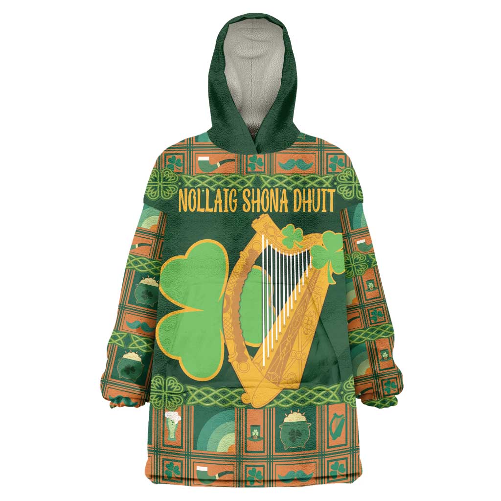 Personalized Ireland Christmas Wearable Blanket Hoodie Irish Harp With Lucky Shamrock