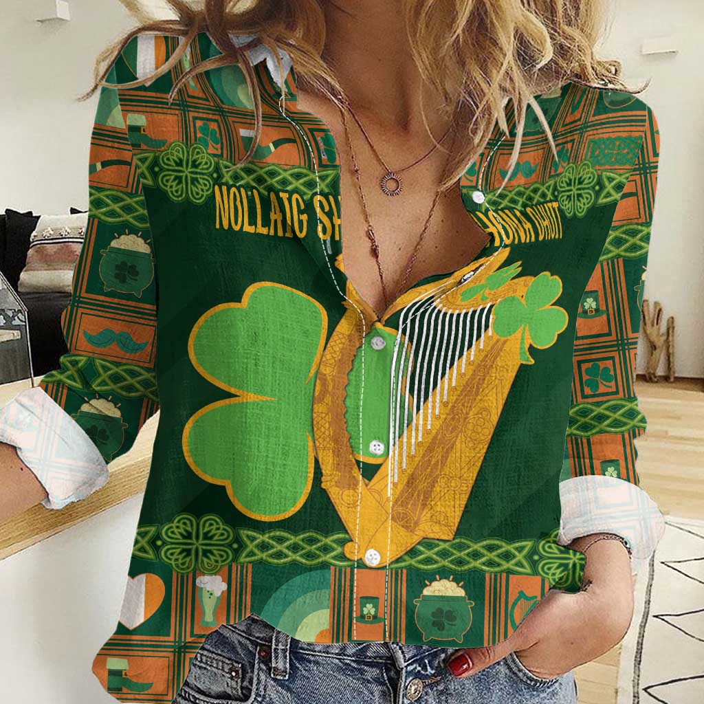 Personalized Ireland Christmas Women Casual Shirt Irish Harp With Lucky Shamrock