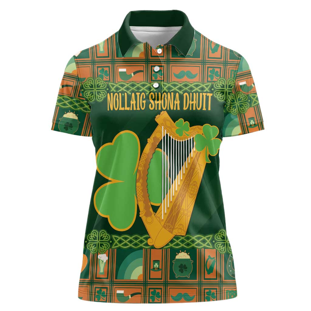 Personalized Ireland Christmas Women Polo Shirt Irish Harp With Lucky Shamrock