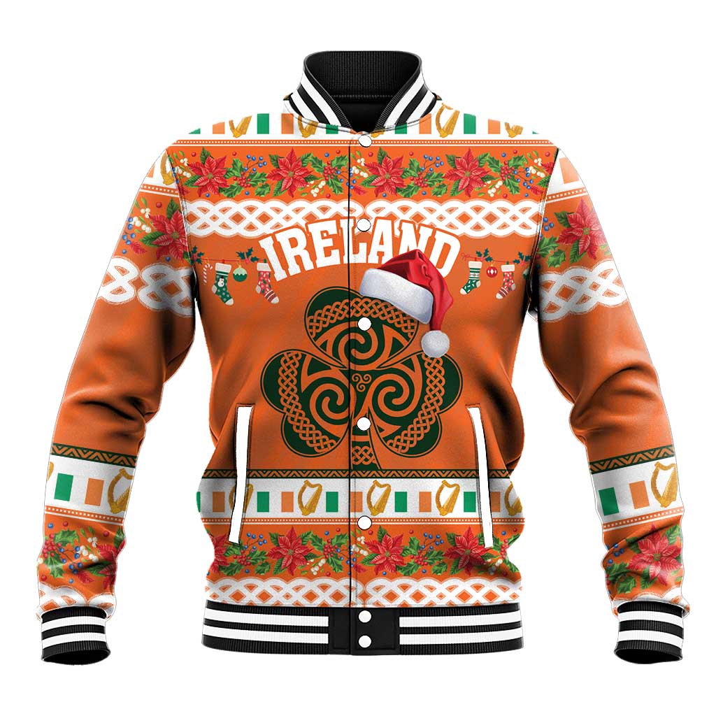 Orange baseball jacket with button front, striped cuffs and large shamrock graphic