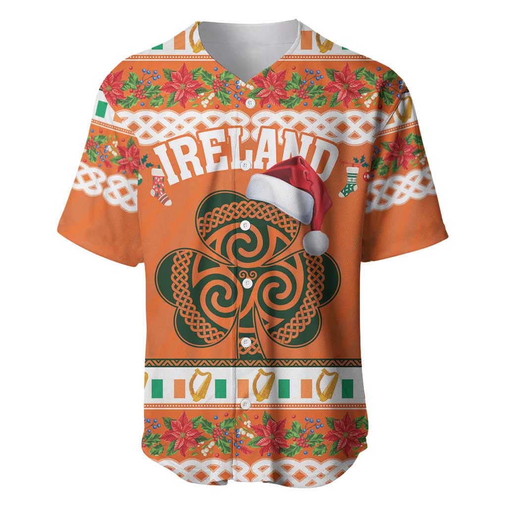 Orange baseball jersey with Ireland print, shamrock ornament and red Santa hat