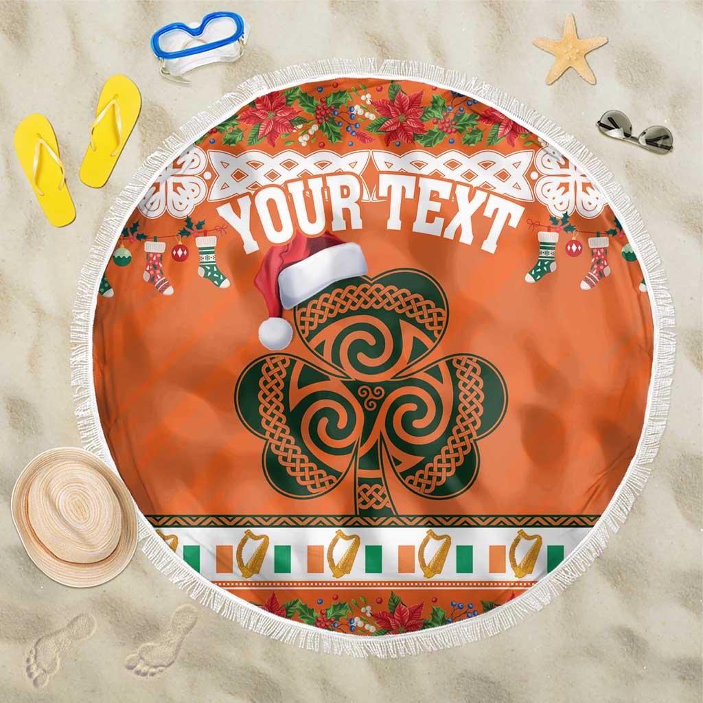 Round orange beach blanket with white fringe and Celtic shamrock with “YOUR TEXT”.