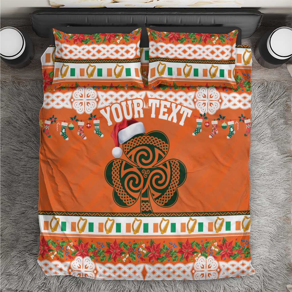 Orange duvet cover and matching sham with shamrock emblem and Celtic border, “YOUR TEXT”