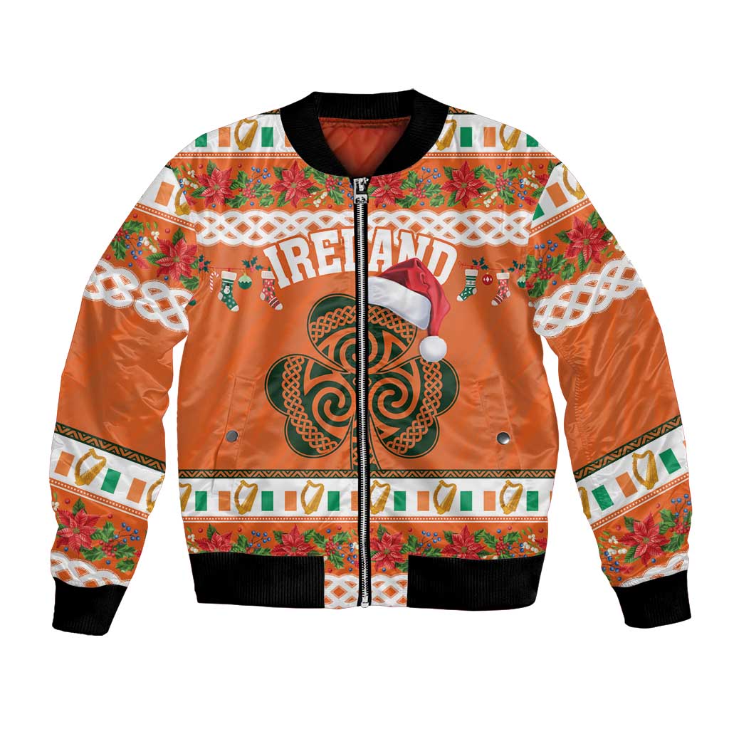 Orange bomber jacket with front zipper, ribbed cuffs, and Irish shamrock graphic