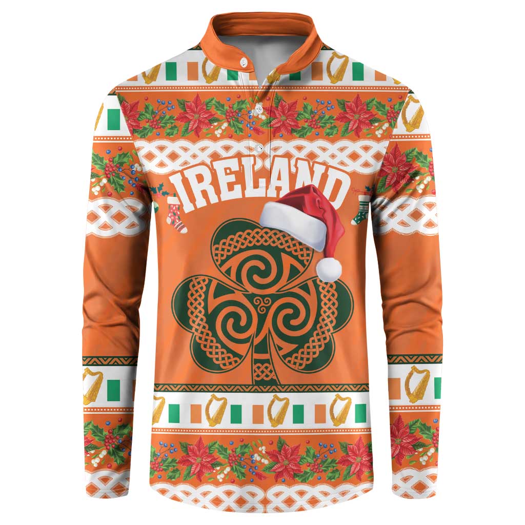 Orange button sweatshirt with Ireland graphic, shamrock, Santa hat, long sleeves