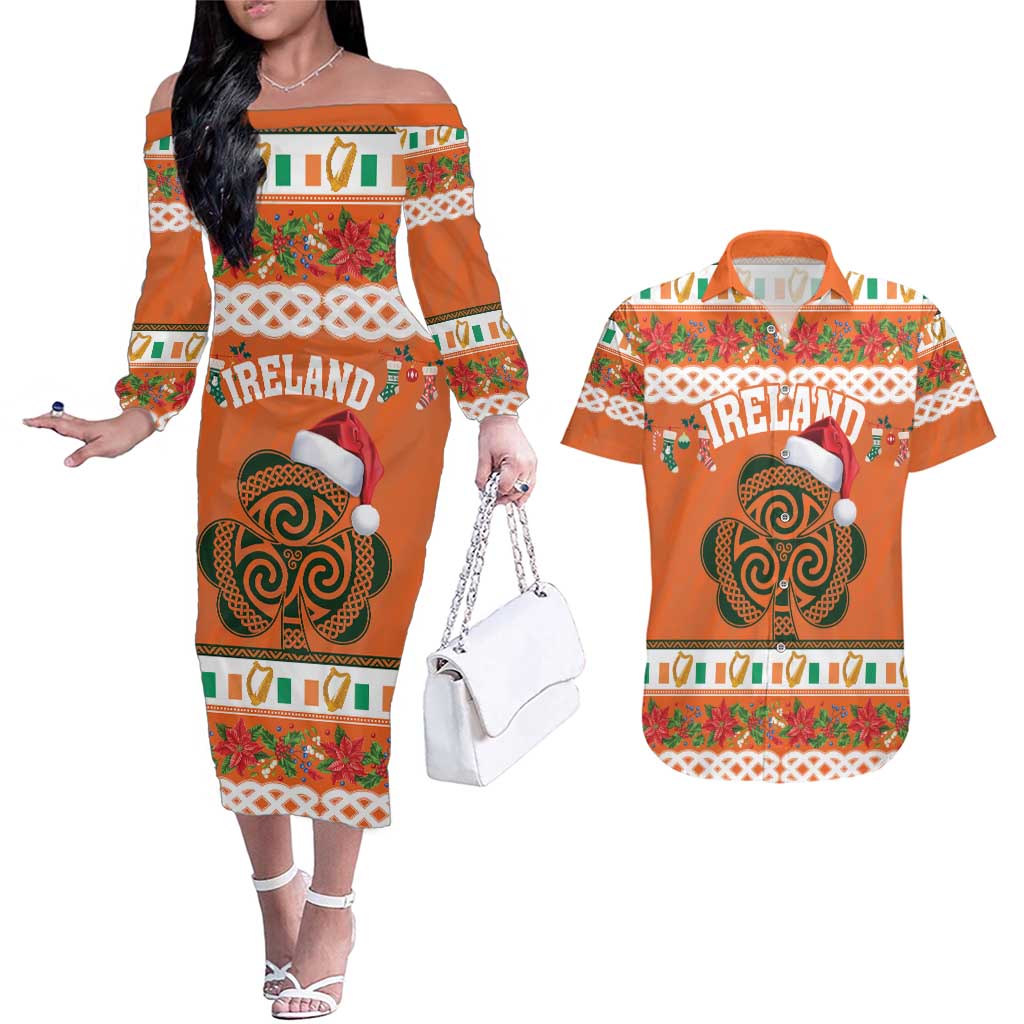 Personalized Ireland Christmas Couples Matching Off The Shoulder Long Sleeve Dress and Hawaiian Shirt Irish Shamrock Celtic Nollaig Shona Dhuit - Wonder Print Shop