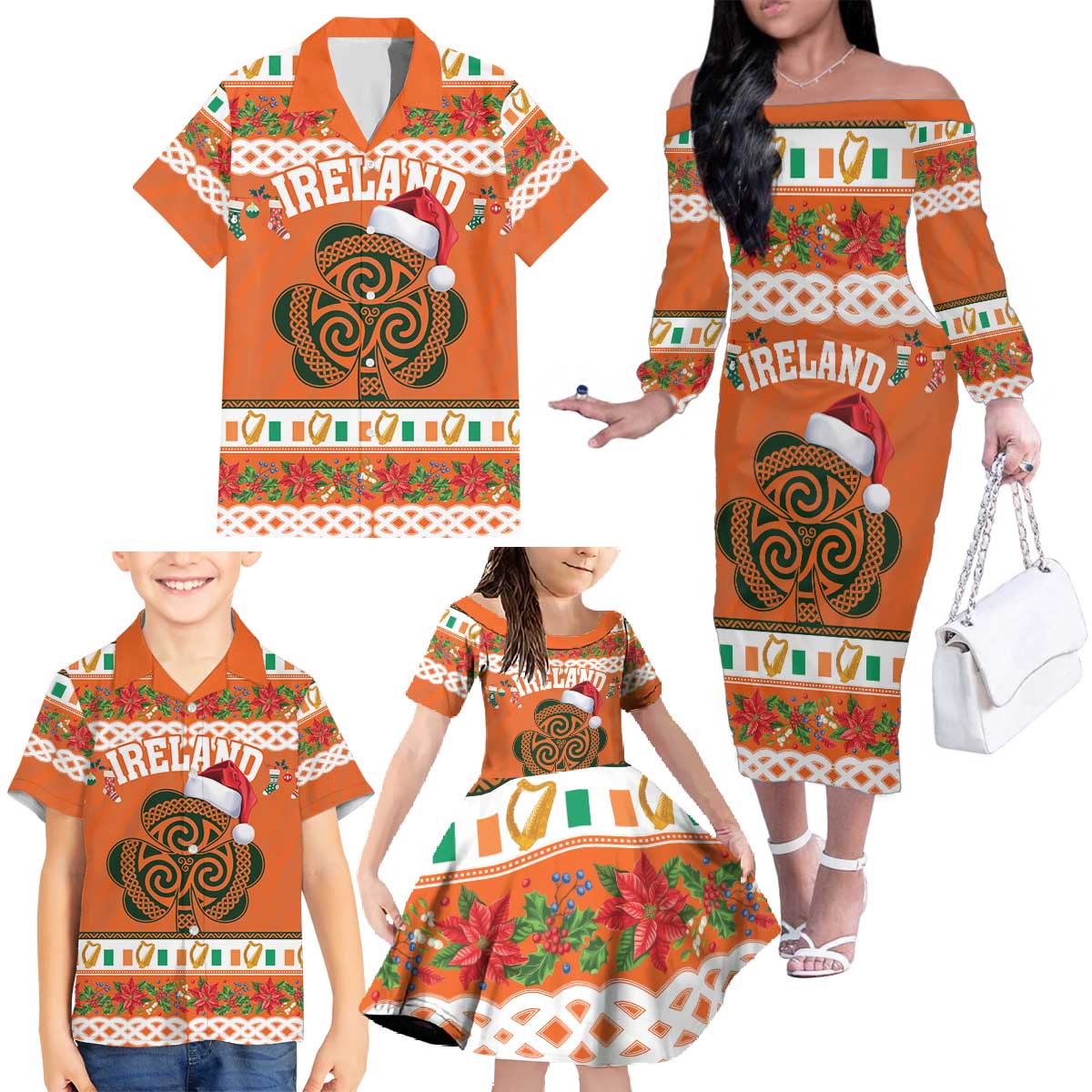 Personalized Ireland Christmas Family Matching Off The Shoulder Long Sleeve Dress and Hawaiian Shirt Irish Shamrock Celtic Nollaig Shona Dhuit - Wonder Print Shop