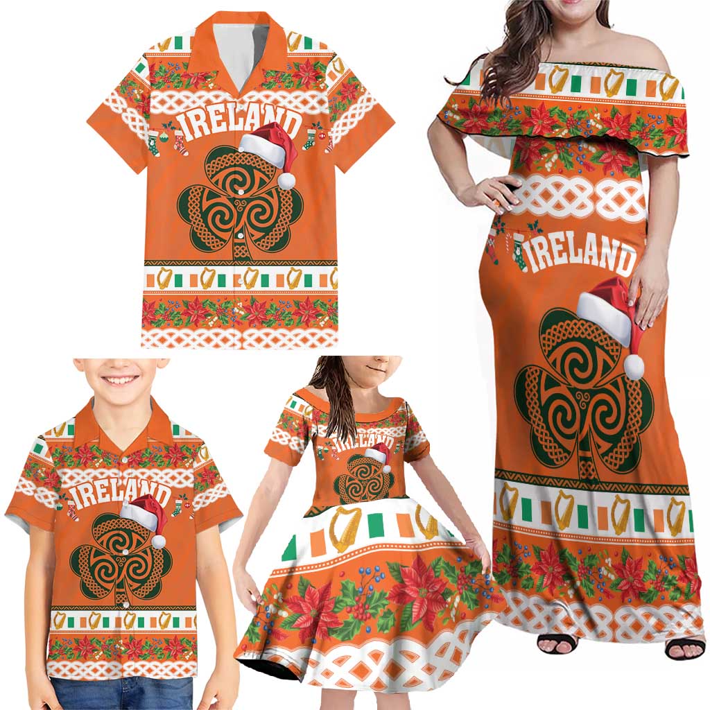 Personalized Ireland Christmas Family Matching Off Shoulder Maxi Dress and Hawaiian Shirt Irish Shamrock Celtic Nollaig Shona Dhuit - Wonder Print Shop