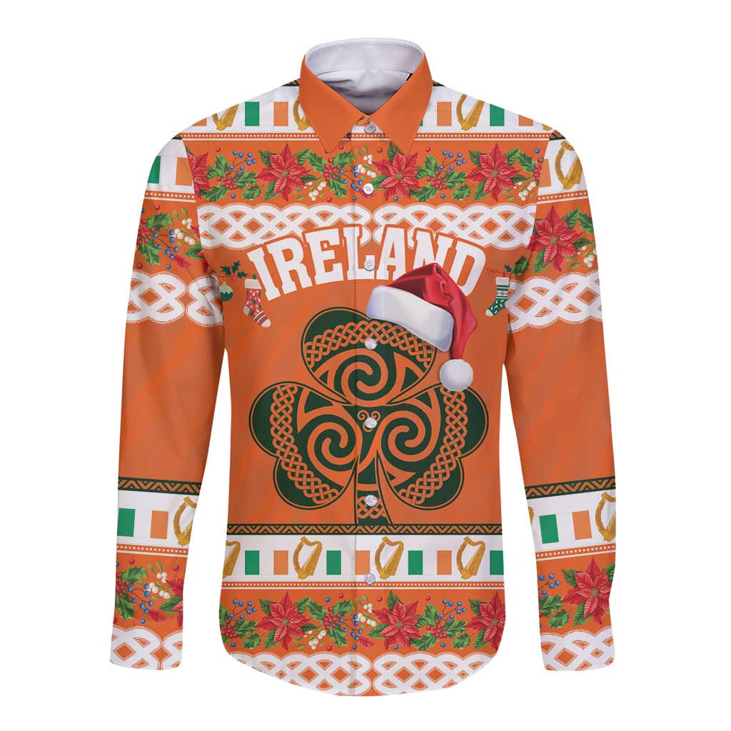 Orange unisex long sleeve button shirt with celtic shamrock and "IRELAND" print