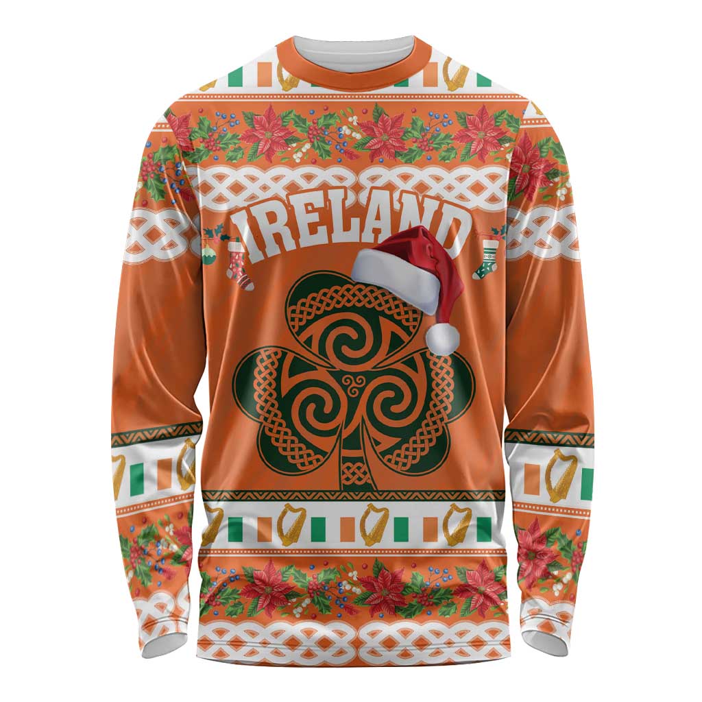 Orange long-sleeve shirt with Ireland text and Celtic shamrock graphic