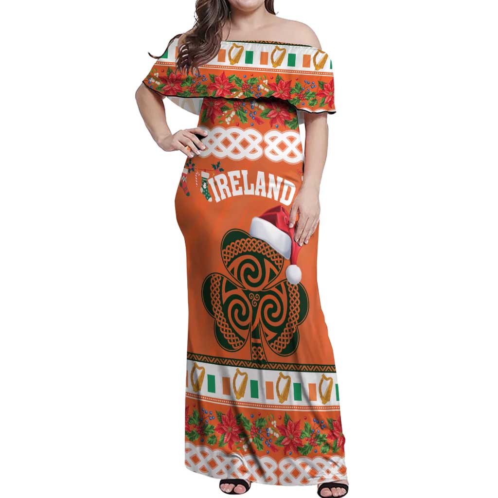 Personalized Ireland Christmas Off Shoulder Maxi Dress Irish Shamrock Celtic Nollaig Shona Dhuit - Wonder Print Shop