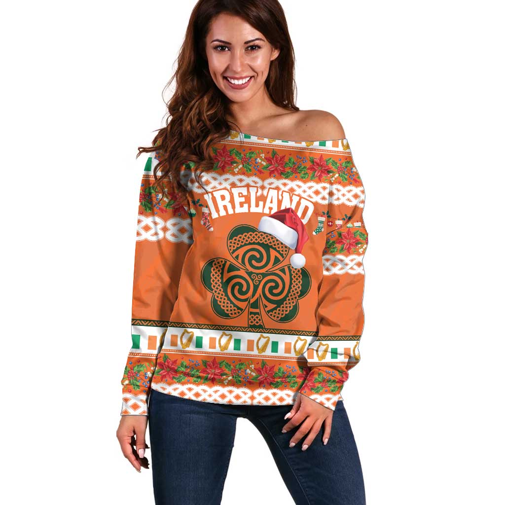 Personalized Ireland Christmas Off Shoulder Sweater Irish Shamrock Celtic Nollaig Shona Dhuit - Wonder Print Shop