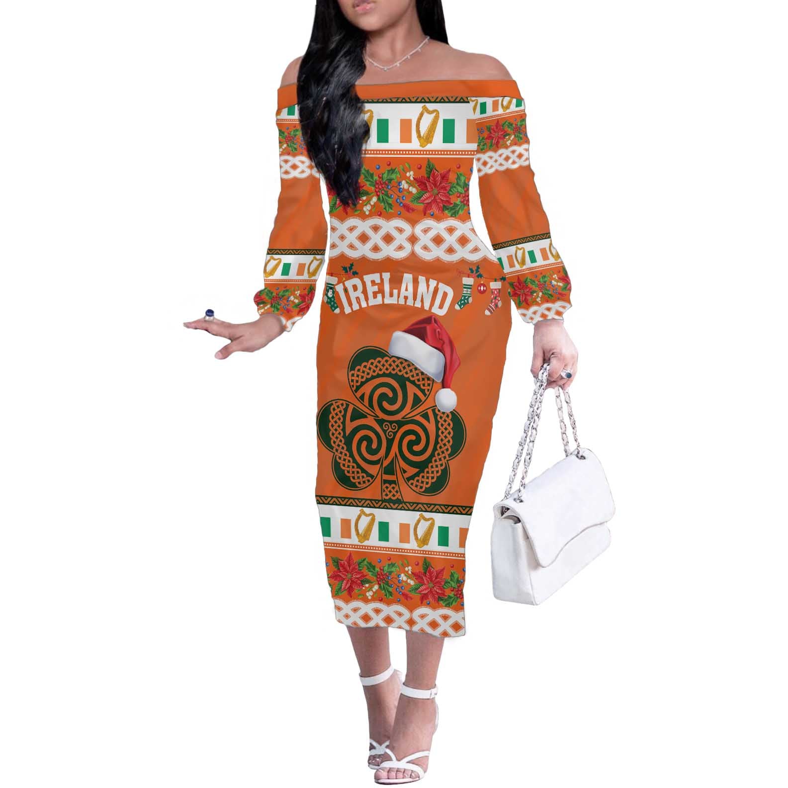 Personalized Ireland Christmas Off The Shoulder Long Sleeve Dress Irish Shamrock Celtic Nollaig Shona Dhuit - Wonder Print Shop