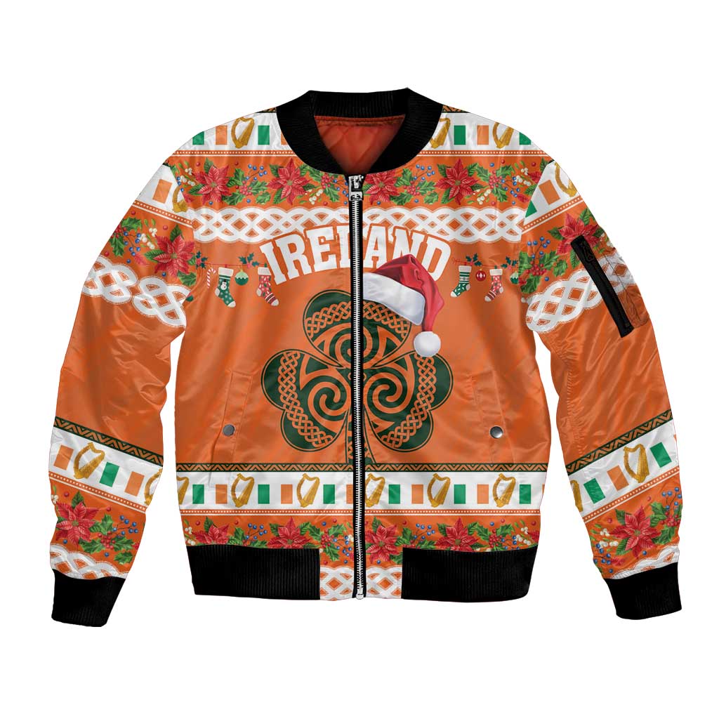 Personalized Ireland Christmas Sleeve Zip Bomber Jacket Irish Shamrock Celtic Nollaig Shona Dhuit