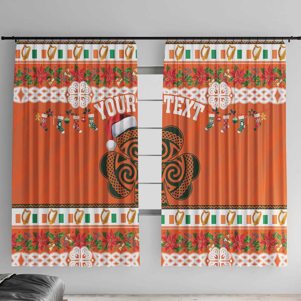 Orange holiday window curtain pair with shamrock and border pattern, "YOUR TEXT".