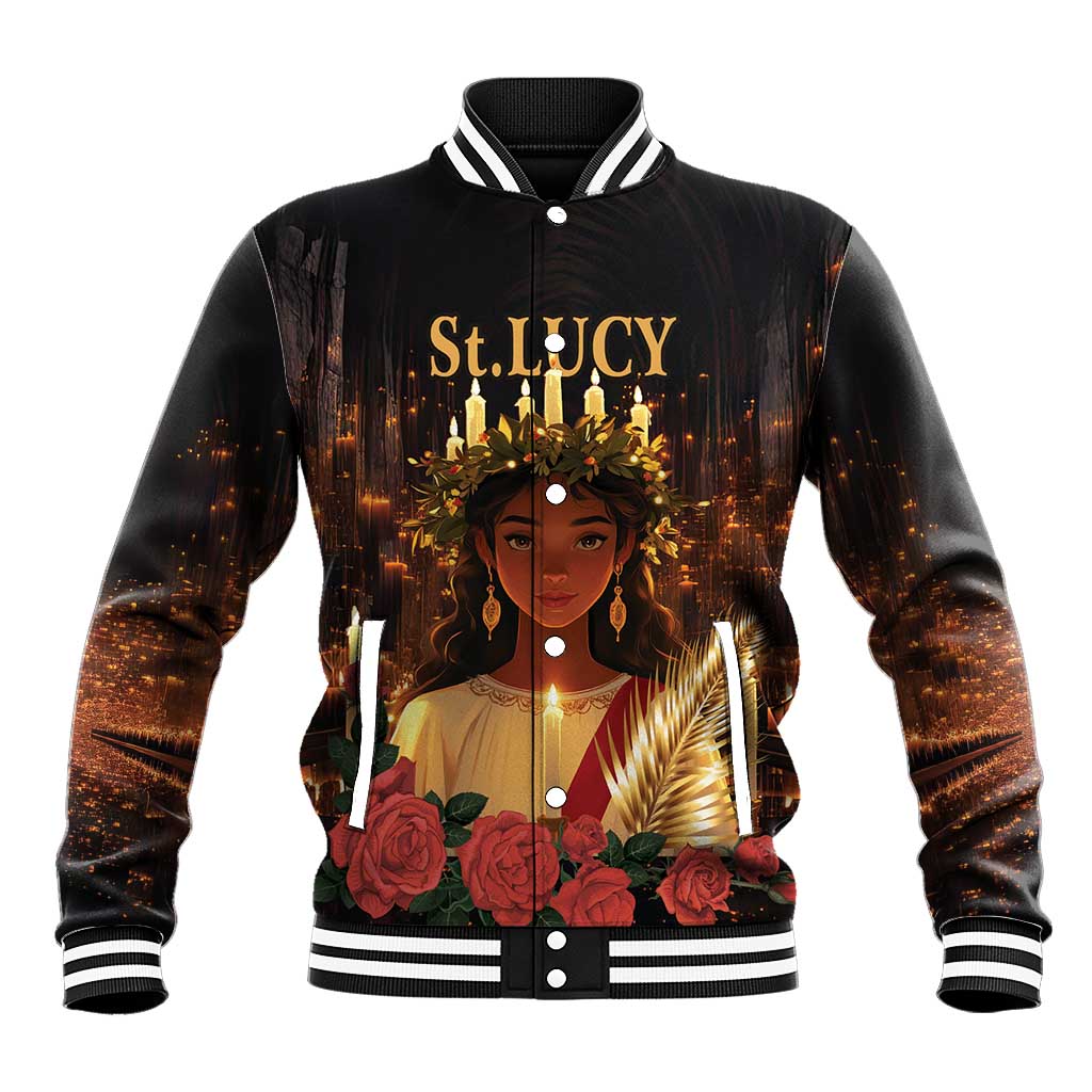 Black unisex baseball jacket with ribbed trim and St. Lucy front graphic