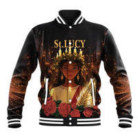 Black unisex baseball jacket with ribbed trim and St. Lucy front graphic