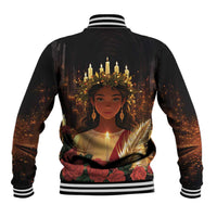 Black unisex baseball jacket with ribbed trim and St. Lucy back graphic