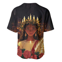 Black baseball jersey, V-neck with buttons, St. Lucy artwork on back