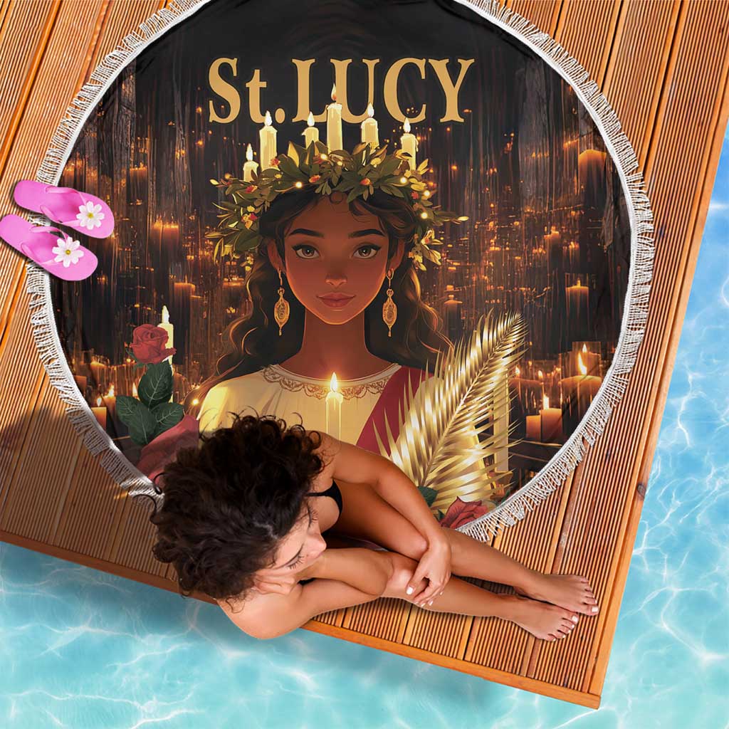 Round black beach blanket with white fringe, “St. JUICY” saint portrait print