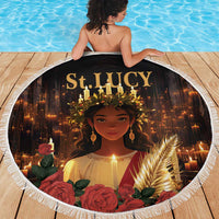 Round black beach blanket with white fringe, “St. JUICY” saint portrait artwork