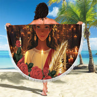 Round black beach blanket with white fringe, “St. JUICY” saint portrait print