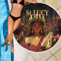 Round black beach blanket with white fringe, “St. JUICY” saint portrait, draped