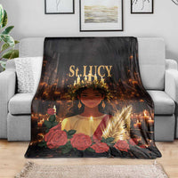 Black throw blanket with St. Lucy artwork: saint face, red roses, and candle lights
