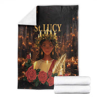 Black St. Lucy blanket with saint portrait, roses, lit candles, and gold wheat