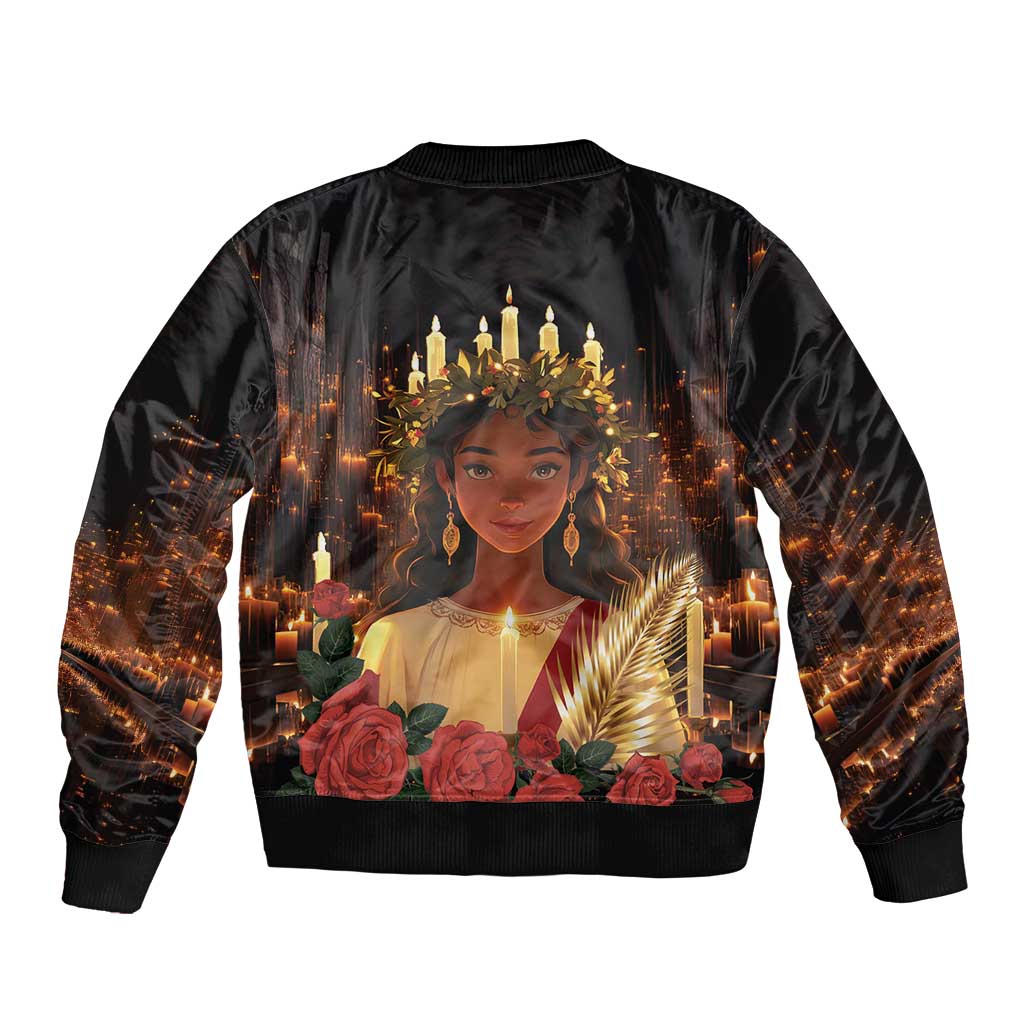 Black bomber jacket with large St. Lucy portrait graphic across back