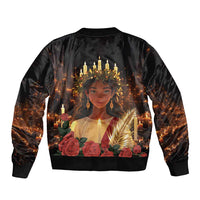 Black bomber jacket with large St. Lucy portrait graphic across back