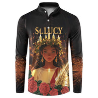 Black button sweatshirt with St. Lucy graphic, candles and roses, long sleeves.