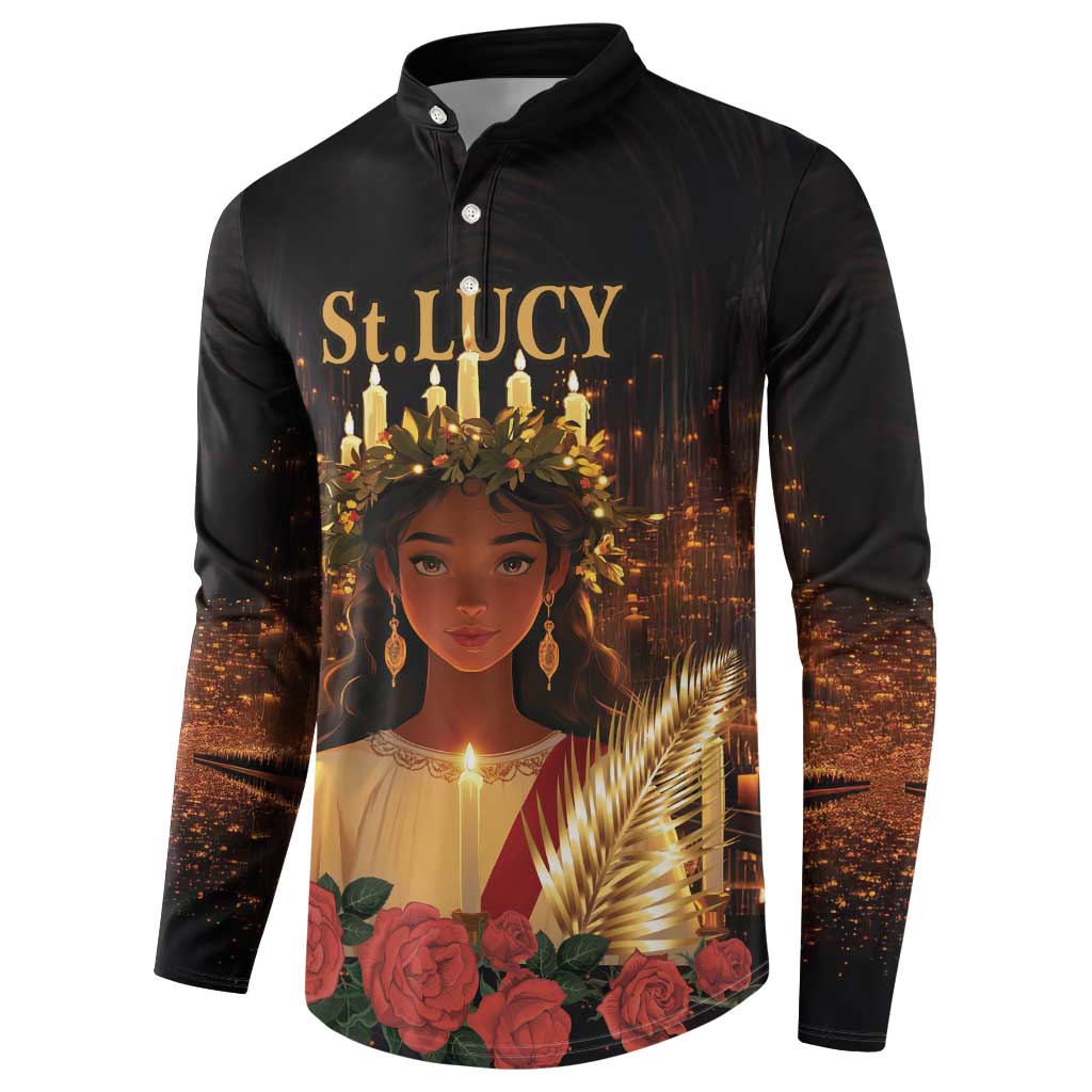 Black button sweatshirt, St. Lucy portrait with candles and roses, front view.