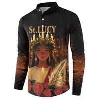 Black button sweatshirt, St. Lucy portrait with candles and roses, front view.