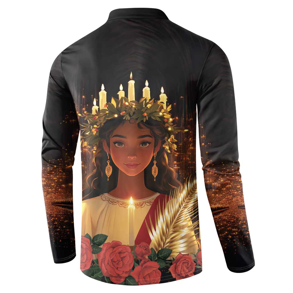 Black button sweatshirt back view, St. Lucy portrait with candles and roses.